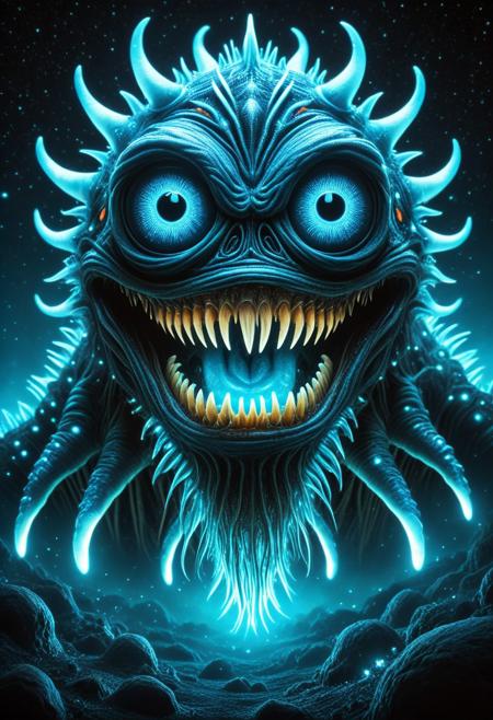 masterpiece,ultra-high resolution,incredible composition,extremely detailed, 
Bioluminescent  monster  with googly eyes, sharp teeth, rage extraterrestrial inside it, in space. made of enchanted  Macabre made of Bioluminescent