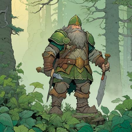 high-definition 8k flat-color cartoon artwork in jmst artstyle of an old dwarven dwarf man wearing armor with green scales standing in a thick forest with fog