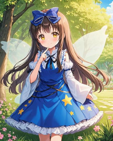 star sapphire,1girl, solo, fairy_wings, star_\(symbol\), hair_bow, smile, star_print, blue_dress, tree, finger_to_mouth, outdoors, bush, closed_mouth, day, looking_at_viewer, blush, juliet_sleeves, wide_sleeves, blue_sky, standing, wall, shirt, grass, frills, black_bow, fairy, pink_flower, garden, ribbon, transparent_wings
<lora:star_sapphire_image1386_2023-12-20-000012:1>,star-shaped_pupils,symbol-shaped_pupils,. gorgeous,key visual, vibrant, studio anime,award-winning, professional, highly detailed,high budget, cinemascope