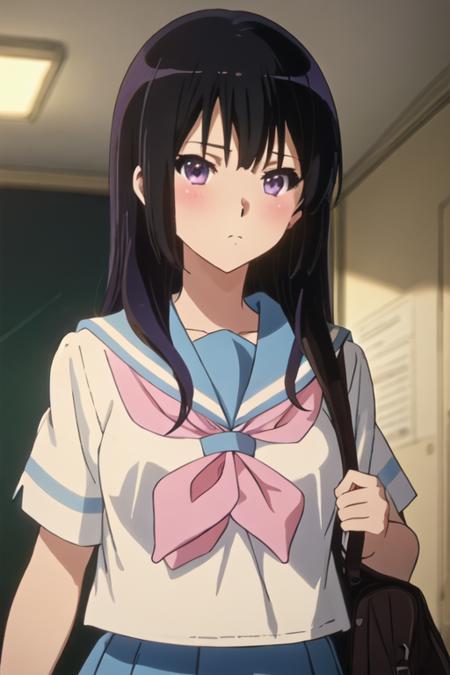 best quality, masterpiece, highres, solo, {kousaka_reina_soundeuphonium:1.15}, black_hair, long_hair, purple_eyes, blush, bangs, closed_mouth, serafuku, blurry, 1girl, brown_shirt, kitauji_high_school_uniform, looking_at_viewer, neckerchief, red_neckerchief, sailor_collar, school_uniform, white_sailor_collar, indoors, shirt, upper_body, anime_coloring, blurry_background