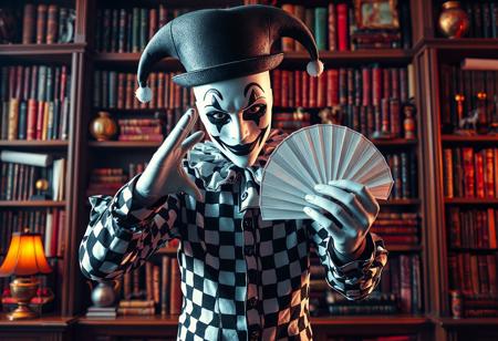 A captivating 4K image, trending on ArtStationHQ, presents a harlequin jester in a dynamic pose, their face hidden by an enigmatic white mask. The jester, central to the composition, uses the golden ratio to command attention. Clad in a meticulously detailed black and white costume—a polka-dotted top hat, striped shirt, and checkered pants—they gesture with a pristine white fan towards the viewer, creating an immediate connection. The jester's eyes, rendered with lifelike detail, convey vivid emotions. The background, a richly detailed bookshelf overflowing with books and knick-knacks, adds depth and context, suggesting a personal library or study. The style seamlessly blends Raphael's classical grace with Houdini's theatrical flair, enhanced by the vibrant energy of splash ink illustration and the photorealistic precision of an Octane render. Harmonious, multicolored tones bathe the scene in captivating light, creating a joyful impact and delivering a powerful, unspoken message. The image is rendered with Unreal Engine 5, emphasizing high-resolution details, sharp lines, stunning colors, and impeccable composition. Every element, from the super-detailed face and clothes to the intentional focus and well-timed moment, contributes to an exceptionally high-quality, handcrafted masterpiece. The overall aesthetic is contemporary, evoking a sense of wonder and mystery.