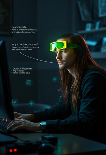 “Create a 16:9 cinematic scene where a player sits at a desk, immersed in a virtual game, with the room dimly lit and only the glow of the screen illuminating their face. The male AI operator appears on the screen, a semi-transparent, holographic figure with long brown hair and distinctive green and yellow goggles. His appearance is sleek and futuristic, exuding a tech-savvy and guiding presence. The goggles add an intriguing, high-tech element to his character, giving him an otherworldly yet approachable look.
The player asks the operator for tips on improving their aim and reaction time in the game. The AI operator, with a calm and confident tone, offers advice on crosshair placement, suggesting the player keep the crosshair at head level for quicker shots. He also explains reaction drills and the importance of practicing consistency without overexerting focus. As the operator gives these tips, floating icons or visual cues should appear around him, highlighting key points like ‘Crosshair Placement’ and ‘Reaction Drills.’
The scene shifts between close-up shots of the player’s focused expression and the holographic operator, whose goggles glow subtly with each piece of advice. The operator’s holographic form slightly shifts with movement, emphasizing his digital nature. End the scene with the player nodding, grateful for the guidance, and feeling more confident to tackle their next challenge.”