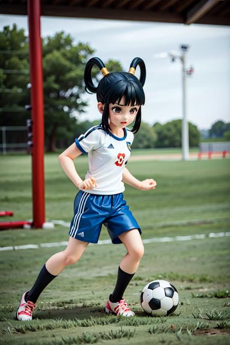 (8k, best quality, masterpiece:1.2), (finely detailed),solo, detailed illustration,intricate, yurin,black eeyes, blue sport shorts,blue t-shirt with a number ,playing soccer, on a grass soccer field, 1girl,dark green hair,hair rings,blunt rings, AS-YoungerV2, full body,soccer ball