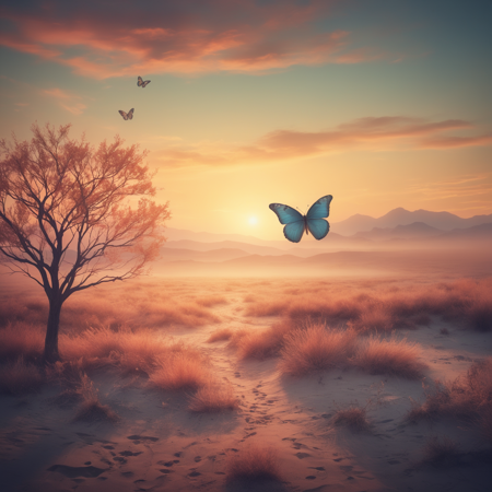 sublime ancient illustration of comic ethereal fantasy concept art of late evening, ((butterfly)) flying above the sandy steppe at sunset near a tree, cloudy sky, dry grass on sand, light fog, pastel shades, light coral tones, saturated colors . magnificent, celestial, ethereal, painterly, epic, majestic, magical, fantasy art, cover art, dreamy . graphic illustration, comic art, graphic novel art, vibrant, highly detailed, predating human civilization. crude and simple, but also surprisingly beautiful artwork, made by genius primeval artist. best quality, high resolution
