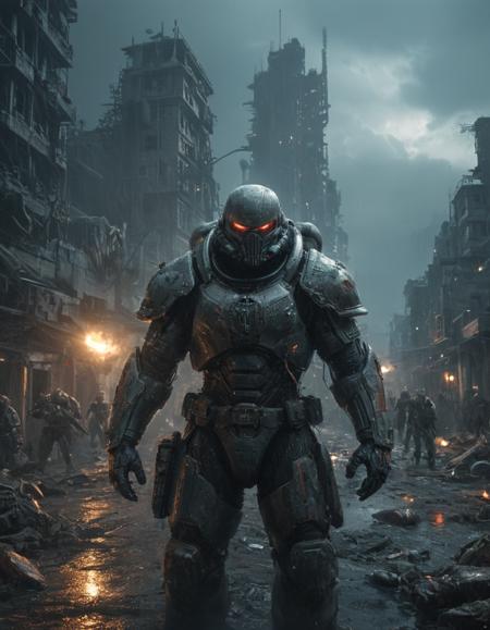 sci-fi style cyberpunk cityscape A space marine in full armor stands resolute amidst a dystopian alien landscape, crumbling buildings and twisted metal surrounding him. (a horde of horrific looking Aliens approaching him ready for battle:1.4). The sky is overcast with ominous clouds, casting a harsh light on the scene. ultra detailed rugged terrain filled with debris and remnants of civilization stretches into the distance. heavy rain and lightning, mist and fog, The marine's armor gleams with intricate detailing, showcasing battle-worn textures and a reflective surface. A gripping, high-resolution photograph captures the stark reality of this desolate world, emphasizing the contrasts and vivid colors of the scene, hyper realistic, 8k, masterpiece <lora:add-detail-xl:1.34> <lora:xl_more_art-full_v1:0.9> . neon lights, dark alleys, skyscrapers, futuristic, vibrant colors, high contrast, highly detailed . futuristic, technological, alien worlds, space themes, advanced civilizations