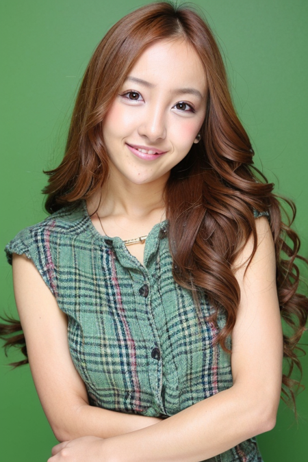 tomochin, 1girl, solo, long hair, looking at viewer, smile, simple background, brown hair, brown eyes, upper body, mole, lips, plaid, mole under mouth, realistic