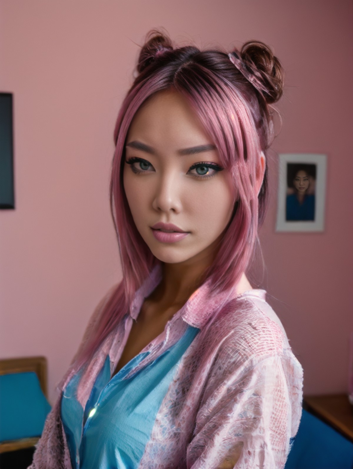portrait of a woman, wearing a xtra sweetshirt, in here room, she is a nerd, egirl, ultra detail face roseV2, pink hair <l...