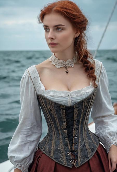 8k, uhd, masterpiece, high quality professional full-body  photography, a beautiful woman, with a beautiful body, in a medieval short dress, corset, neckline, hyperdetailized, detailed natural face, detailed smooth red hair, very detailed eyes, volume of eyes, looking to the camera, flirting with camera, detailed delicate skin, pores, skin moist from the sea air, correct anatomy, correct physics of body tissues, beautiful breasts, beautiful hips, correct hands and fingers, detailed clothes, photographic smoothing, standing on the seashore against the background of a sailboat, open sea, cloudy, darkness, epic, atmospheric, natural light,