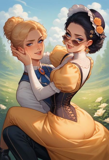 score_9, score_8_up, score_7_up, score_6_up, score_5_up, Masterpiece, best quality, rating_explicit, uncensored, young face, 1Girl, solo, sexy, young victorian noble woman, victorian pinned up hairstyle, freckles, dimples, black hair, fancy hairstyle, big earrings, 30 years old, puffy lace sleeves, pastel orange-yellow shirt and vest, victorian noble corset, elegant baggy trousers, adventurer, adventuring trousers, high heeled riding leather boots, nobility, puff sleeves, makeup, eyeliner, eyelashes, smug, arrogant,one scar on cheek, hairpin, upper class attire, striking facial features, big round bolero carpenter-hat, small hexagonal sunglasses, dark blue eyes, ((victorian era))