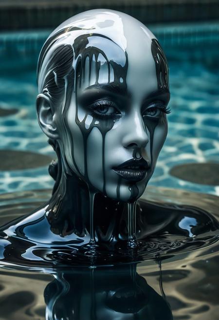 A dreamlike figure emerging from a pool of liquid ink, their reflection showing an alternate version of themselves, dark surrealism, gothic horror, anatomical distortion, sculptural forms, ethereal lighting, fantastical creatures, grotesque beauty, baroque textures, surreal biology, hybrid anatomy, organic ornamentation, muted color palette, haunting atmosphere, dreamlike decay, mythological surrealism, visceral detail
