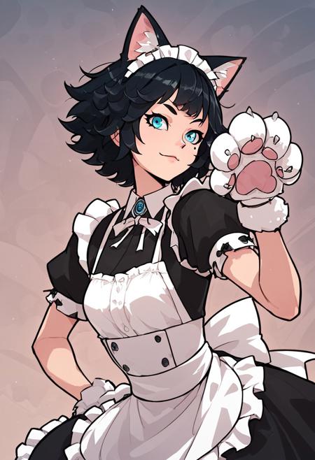 score_9, score_8_up, score_7_up, source_anime, masterpiece, very detailed, absurdres, detailed clothes, 
1girl, (g1ng3r), blue eyes, maid outfit, nekomata, cat girl, cat ears, (big cat paw gloves), (white paws), animal ears, white ears, (mole under the eye), black hair, bangs, short legs, short character, (long hair), (small breasts),
jumping, upper body shot, look for viewer,