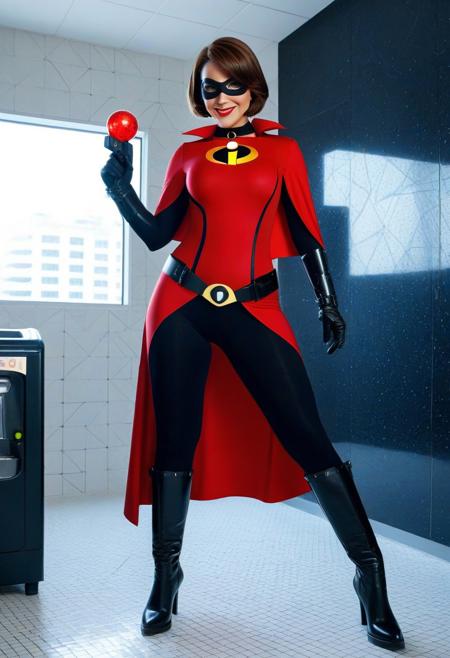 score_9,score_8_up,score_7_up,score_6_up,score_5_up,1girl, source_disney,the Incredibles,helen parr,brown_hair,domino mask,brown_eyes,short hair,curvy,makeup,diamond_earrings, symmetrical,multicolored bodysuit,(red bodysuit),super hero costume,(black bodysuit),mature_female,(inflatable puzzles), cyberpunk,steampunk,forged carbon,source_cartoon,bombs, forged carbon gems,forged carbon bodysuit,scifi,fur-trim red cape,forged carbon,high tech,<lora:Forged_Carbon_SDXL:1>, bullet belt,gold belt,source_anime,red bowtie,dark laboratory with technology,(soul_gems),(black gloves),(security_camera), diamond_\(shape\),gem_\(symbol\),diamond-shaped_pupils, (laboratory equipment),(washing machine),(soda cans),(cable on the floor),(destroyed machines),(closed window),curtains, (black choker),(vending_machine),(holding gun),(laser_rifle), (orbs:1.6),(knife sheath),(jewelry:1.4),(tattoos;1,4),(wide hips),(thick thighs),(thick legs),perfect hands,thumb-up,hand sign,(motion lines:1.4),(sweat:1.4),(??),(trembling lines:1.4),(flying sweatdrops:1.4),illustration,(thick_outlines),smile,black boots, (diamond_ring),(tongue),(blush_stickers),frown,(thigh straps), masterpiece,best_quality,newest,absurdres,best shadow,light particles,highly detailed background,amazing quality,detailed face,highly detailed skin,very detailed clothes,emphasis lines, very aesthetic,high quality,best lighting,detailed eyes,dynamic angle,magazine cover,white tiles,robot,<lora:add-detail-xl:2>
