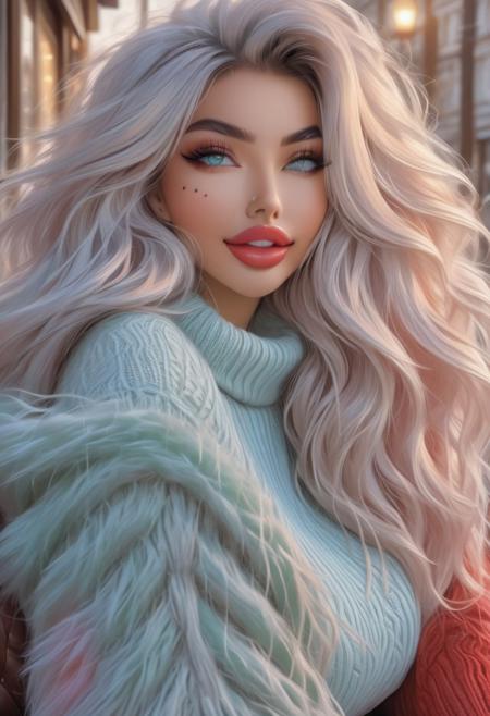 (Style-DoF:1.7),
<lora:LaDy_CooL XL:1.0>,
bmbplora, 
CYBR-XL,
<lora:bmbploraxl6-000008:0.65>,
<lora:BimbolipsV4-000003:0.8>,
<lyco:biglips-v2:1>,
((big lips):1.2),
large iridescent bright colorful blue electrical bright eyes,
((ultra detailed, highly detailed):1.4), (best quality), (full body), 2women, (Thai ethnicity beautiful woman and Caucasian ethnicity beautiful woman), ((fluffy clothes):1.7), ((fluffy sweater):1.7), ((only black 1mole spot beauty mark on left side of the face under nose):2.3). (beautiful women:2.5), (((porcelain color skin))), (photorealistic:1.8) (bokeh:1.3) (intricate details) (cinematic lighting) (sharp focus) ((Full body photograph):1.8). 
Long very voluminous wavy two tone hair. (Ultra furry:1.8)(fur trimmed) sweater. ((Ribbed sweater knit with a large loop):1.8). 
bmbplora. Bimbo makeup. Bold (long eyeliner:1.9). (Long fluffy lashes:1.5). (cyan color eyes:1.4) and (red glossy  and shiny lips:1.9), big lips, bimbolips, (huge lips:1.8), enormous lips, parted lips. Smiling and showing ((super white)) ((perfect arranged teeth):1.5). (Big boobs:1.4). (Long boots) (fur trimmed). Thai and Caucasian beautiful women stay on the middle of Paris street.