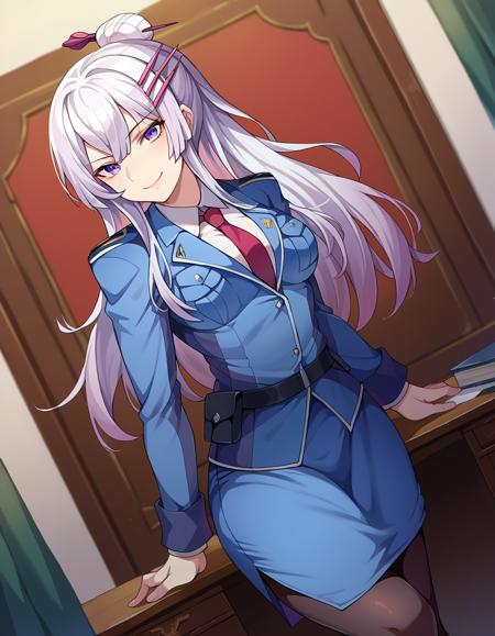 frolaytia capistrano, long hair, bangs, hair ornament, purple eyes, white hair, hair bun, single hair bun, shirt, jacket, white shirt, pantyhose, necktie, collared shirt, belt, uniform, blue skirt, black pantyhose, military, formal, blue jacket, red necktie, pencil skirt, pocket, hair stick,