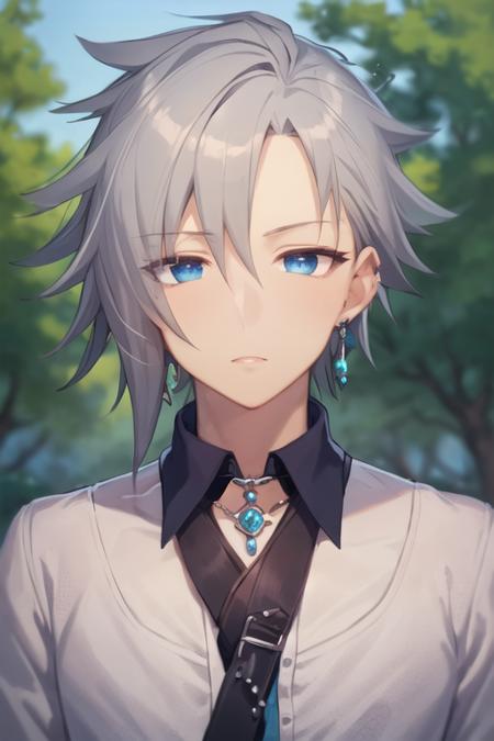 masterpiece, best quality, high quality, 1boy, solo, male focus, looking at viewer, , , <lora:alan_stuart:0.78>, alan_stuart, jewelry, grey hair, blue eyes, shirt