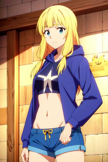 masterpiece, perfect lighting, (beautiful, best quality:1.3), perfect eyes, absurdres, 8k, (absurdres), finely detail, 
<lora:Cecily_v1.0:0.8>, cecily, long hair, blonde hair, blue eyes, (twintails:0.4)
streetwear, hoodie, jean shorts, navel,