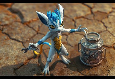 "Create a 4K, exceptionally detailed digital art of a Feral Imp in a dynamic action pose, adorned with blue and yellow accents on a white body, with a ground erosion in the background. The Imp, standing confidently, has outstretched arms, holding a wrench and standing near a clear fur container with additional details. Aim for vibrant colors, sharp lines, and a balanced, well-timed composition. Consider an isometric view and use Octane Render or Unreal Engine 5 for a captivating, realistic look. Include a powerful message, vivid emotions, and beautiful detailed eyes. Submit to CGSociety or Artstation for trending consideration."