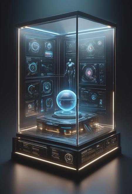 display case for futuristic artifacts inscrutable technology in a dark studio environment