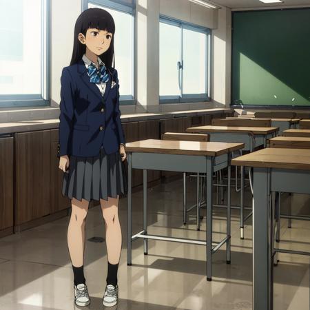 <lora:Sato001:0.7>,
Sato,1girl,
school uniform,
blazer,collared shirt,bowtie,
pleated skirt,
black socks,
shoes,
classroom,standing,