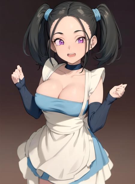 best quality, (masterpiece),(ultra-detailed), (high quality), (high resolution),, <lora:Bouquet:0.7>,1boy, 1girl, ^_^, apron, black background, black hair, bouquet, breasts, choker, cleavage, clenched teeth, large breasts, looking at viewer, medium breasts, open mouth, purple eyes, simple background, smile, solo, twintails