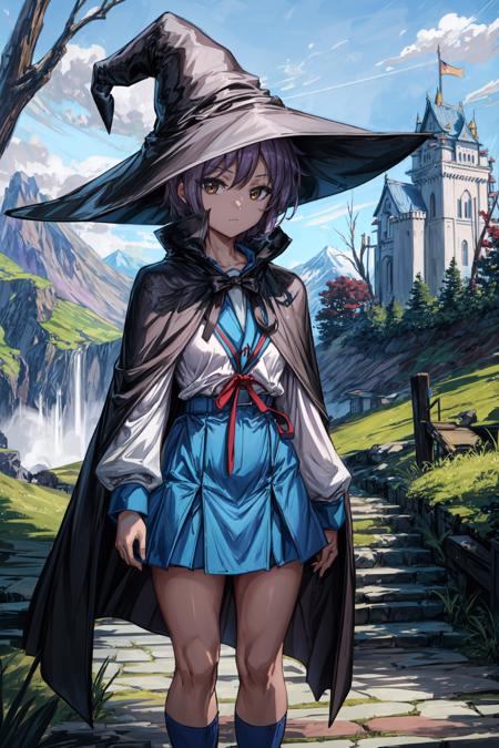 (masterpiece),(best quality), <lora:NagatoYuki:0.85>, yuki,witch hat, witch cape, summer uniform, kneehighs, blank face, blank eyes, inexpressive face,   standing, japanese castle, close, outside, persistent stare, mountains, forest, highground, hello there,  looking at the viewer, <lora:Adddetail:0.8>