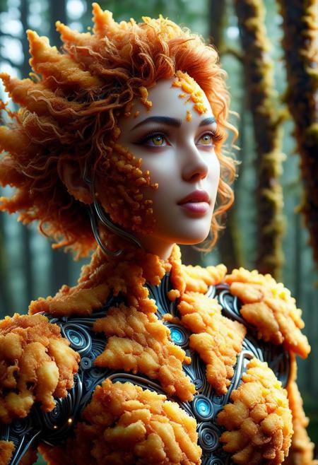 Ultrarealistic. sharp focus, dynamic lighting. play of light, Raytracing, Ultra detailed. (((DFC Style))). A gorgeous and beautiful female robot made of deep fried & crispy breading in a mystical forest.
