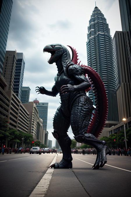 cinematic film still of  <lora:xenomorph style SD1.5:1>
Godzilla,full body, side view, ,solo,open mouth,teeth,tongue,,blurry background,fangs,sharp teeth,monster , horror themed, dark themed, cinematic, film still, xenomorph style, shallow depth of field, vignette, highly detailed, high budget, bokeh, cinemascope, moody, epic, gorgeous, background KLCC, Malaysia Street, crowd running, panic,