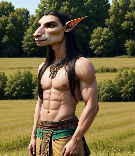 <lora:ZoantrMax1:0.6> an ancient zoantr, green field, loincloth, (looking forward), black hair, (close up)