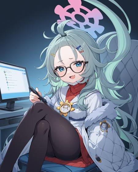 meru \(blue archive\),1girl, halo, solo, glasses, hairclip, mouth_mask, stylus, open_mouth, monitor, holding, looking_at_viewer, fang, sitting, smile, twitter_username, coat, mask_pull, can, long_sleeves, black_pantyhose, forehead
<lora:meru_(blue_archive)_image89_2023-12-01:1>halo. gorgeous,key visual, vibrant, studio anime,award-winning, professional, highly detailed,high budget, cinemascope