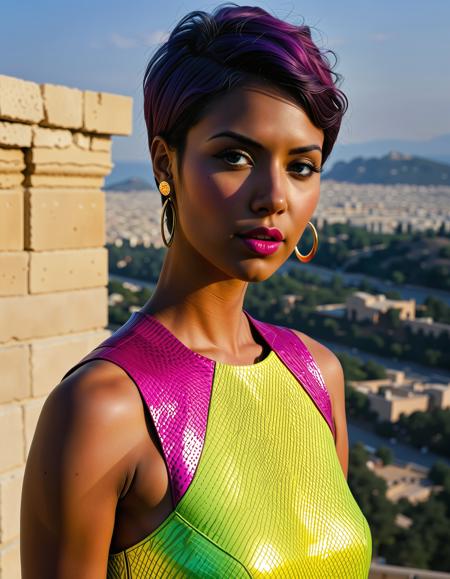 RAW full body analogue photo of a beautiful 25 years old woman, clear focus, high resolution image, Indian woman, dark skin, <lora:Rhani_Indian.safetensors:0.8>, ,wearing New Wave: Neon green blouse with pink geometric patterns, metallic silver leggings, hot pink ankle boots, chunky yellow earrings, neon blue eyeliner, bold purple lipstick, and crimped hair with colored streaks., (cute pixie cut hairstyle:1.6),,low light, soft natural light, Rembrandt style light, Hasselblad DLSR camera, 200mm Zeiss lens, f/2.8, ,Sexy pose, erotic pose, exhibitionism, ,The Acropolis in Athens with its ancient temples and panoramic views