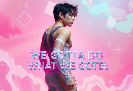 detailxl Photograph Taken on Nikon D750, Alphonse Mucha, 8K, athletic figure, Hyperdetailed, hyperrealism, Attractive,
An album cover with a vibrant, stylish aesthetic. The background features soft, pastel tones like pink, lavender, and light blue, blending to create a dreamy yet energetic atmosphere. The central focus is on a Korean Man figure standing with their back to the viewer, exuding confidence and strength. They are dressed in a trendy, futuristic outfit with wolves accents, and their hair flows slightly in the breeze. The lighting casts a soft glow around the figure, giving a radiant, ethereal effect. Surrounding them are abstract, neon shapes and subtle sparkles, adding a sense of motion and creativity. The album title "We Gotta Do What We Gotta Do" is displayed in bold, modern typography with a metallic sheen, giving it a sleek and polished feel. The overall design is youthful, dynamic, and full of vibrant energy, with a focus on individuality and confidence.