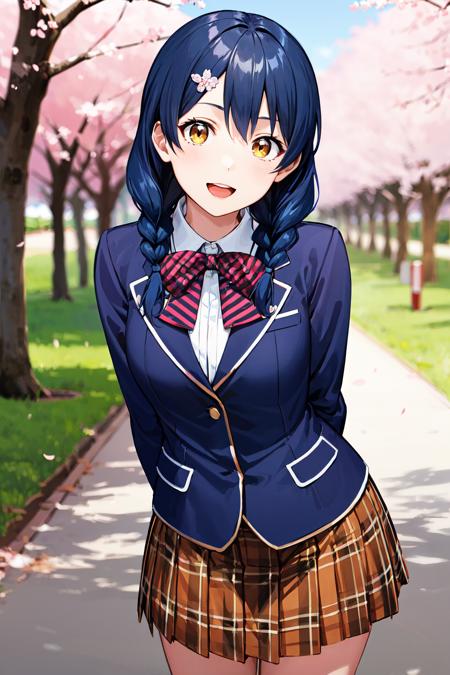 1girl, solo, long hair, blue hair, twin braids, hair ornament, yellow eyes, hair over shoulder, school uniform, red bowtie, blazer, (blue jacket:1.2), plaid skirt, brown skirt 1girl, solo, long hair, blue hair, twin braids, hair ornament, yellow eyes, hair over shoulder, chef, white shirt, buttons, white pants