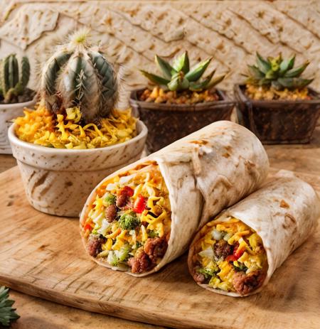 <lora:BuritoYUM:1>,  Burrito , very high quality , vegetables, meat , cheese  ,view from side , (desert background) , very high quality desert , (cactus:0.5) , very hight quality cactus , realistic cactus , burito on the cactus