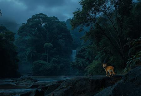 professional photography, perfect quality, 16k, very detailed, highly detailed, realistic, photorealistic, scinematic, Volumetric lighting, depth of field, cinematic, vibrant, dynamic lighting, dramatic light. Atmospheric, low lighting, dark shadows, strong shadows, dramatic lighting, highly detailed, detailed shot of vast amazonian jungle, amazonas, river, huge trees, dark cold theme, foggy, late evening, rocky, hills, waterfall, small orange cat in the background,
