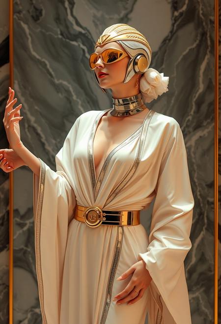 art deco woman 1980s retro-futurism , alabaster and marble , gold and chrome , flowing robes