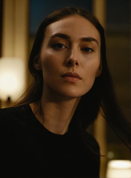 davidfincherstyle, the woman is wearing a black shirt and has long hair. The environment is a room with a window. The shot is a close-up of the woman's face. It is nighttime. The image has a warm color temperature.