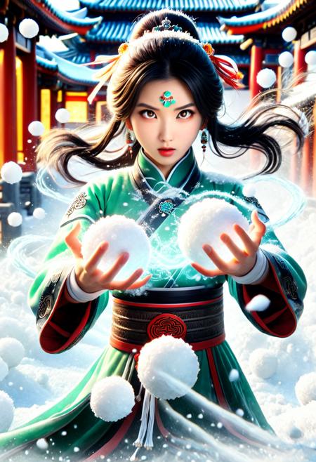 snowcaster, sn0wb4ll, (1girl, upper_body, 20 years old beautiful girl, beautiful Chinese girl, Long shaped face, fluffy cheeks, angry, crazy, beautiful and detailed eyes, symmetrical eyes), (Surrounded by snowball, energy flows, fight stance), (beautiful and perfect face), glossy lipstick, blush, jade necklaces, jade bracelets, jade earrings, (long sleeve, wide sleeve, chinese dress, hanfu, barefoot), (large breast, defined abs, narrow waist), high detail skin, real skin, facial muscles, elegant, fantasy backgroud. Set in ancient China, east asian architecture, tree, <lora:Snowcaster:1.0>