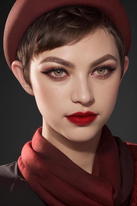 elvyyost, woman, close-up portrait, highly detailed, black suit, hat, short hair, buzzcut, makeup, red lips, scarf, eyeshadows,
 <lora:ElvyYostSD_v1a:1>