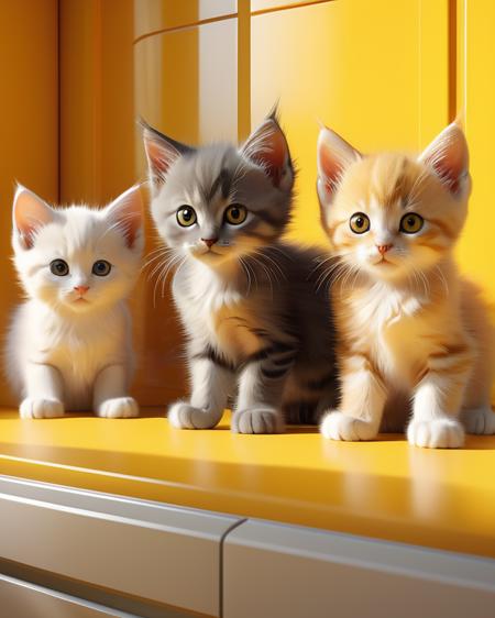 some kittens playing around in a room with yellow background color, fridge. animal cat. digital art. artstation. realistic. vibrant. illustration. in the style of pixar movie. octane render. art by artgerm and greg rutkowski and alphonse mucha. volumetric lighting.