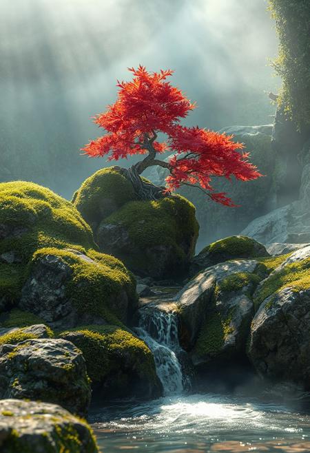 "A serene Terraquim-style landscape, featuring a small waterfall cascading down rocky outcrops covered in lush green moss, surrounded by a misty atmosphere, with a vibrant red-leaved Japanese maple bonsai tree prominently placed on one of the rocks, soft sunlight filtering through the scene, highly detailed, cinematic lighting, ethereal and dreamy aesthetic, 4K resolution, hyper-realistic textures, in the style of DreamShaper"