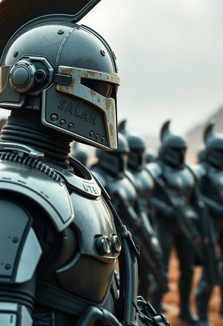 distant future, Spartan commander, close-up in front of a line of Spartan soldiers in high-tech uniforms and weapons