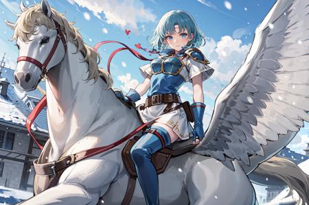 from below,<lora:theaV1-000013:0.75>,thea,   <lora:riding_pegasus:1> ,riding_pegasus,wings,in the sky,flying,breastplate, armor, thighhighs, gloves, fingerless gloves, shoulder armor,circlet, zettai ryouiki, thigh boots, boots,belt,short sleeves, blue footwear, looking at viewer, pauldrons, miniskirt,castle,snowing,(masterpiece, best quality, ultra-detailed, best shadow),