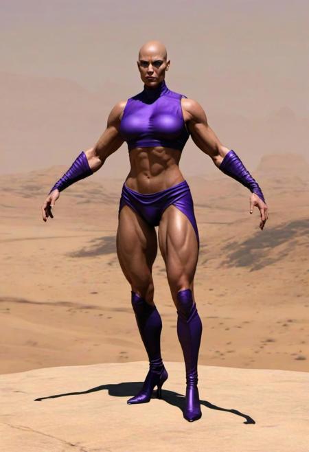 photo dark tan woman (Age 20) (bald:1.3) (6'2:1.3) (210lbs:1.3) (40B-36-38 figure:1.3) (dark Purple/Orange simple masculine shirt/pants:1.2) (very muscular:1.2) (muscular (average:1.2) breasts) in desert full body wide angle D&D character