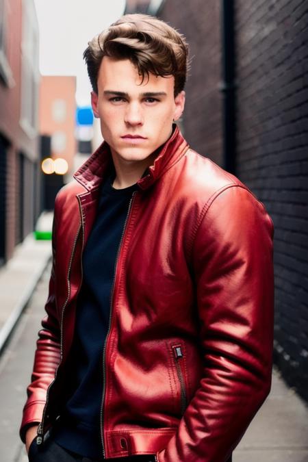 close up of a man <lora:h34thl3dg3r:1>, in an alleyway at midnight, downtown, dark city, in red leather jacket, RAW, HD, 8K, highly detailed face, graffiti, amateur, candid