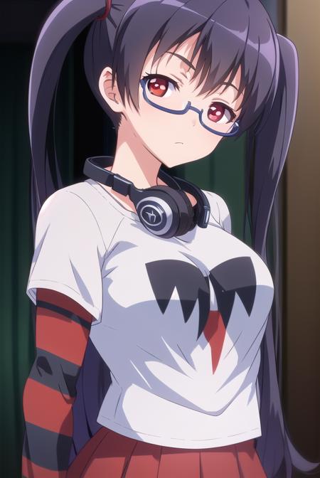 iorikousaka, <lyco:iorikousaka-lyco-nochekaiser:1>, 
iori kousaka, black hair, twintails, glasses, (red eyes:1.5),
BREAK skirt, thighhighs, pantyhose, (striped sleeves:1.5), shirt, headphones, t-shirt, clothes writing, semi-rimless eyewear, headphones around neck, raglan sleeves,
BREAK looking at viewer,
BREAK indoors,
BREAK <lora:GoodHands-vanilla:1>, (masterpiece:1.2), best quality, high resolution, unity 8k wallpaper, (illustration:0.8), (beautiful detailed eyes:1.6), extremely detailed face, perfect lighting, extremely detailed CG, (perfect hands, perfect anatomy),