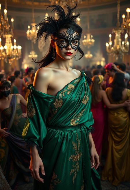Claudia Chauchat, a 30-year-old Russian woman from Thomas Mann’s The Magic Mountain, depicted during the Mardi Gras chapter, in a photorealistic style, standing amidst the chaotic revelry of a masked ball in the sanatorium’s grand ballroom, wearing a vivid, exotic costume inspired by her Russian heritage, a loose, flowing silk robe in deep emerald green with intricate gold embroidery and feather accents, the robe slipping off one shoulder to reveal her pale, curvaceous figure, her dark, almond-shaped eyes framed by a delicate black lace mask, exuding a mix of seductive confidence and fleeting melancholy, her jet-black hair unbound and cascading wildly over her shoulders, her lips curved in a subtle, enigmatic smile, surrounded by masked dancers in colorful costumes twirling under dim chandeliers, the air filled with the scent of champagne and wax, captured in a candid, atmospheric snapshot focusing on an authentic moment, the ballroom lit by flickering candlelight and the soft glow of ornate chandeliers, with gilded mirrors reflecting the frenzy, scattered confetti on the polished floor, and a distant violin playing a haunting melody, emphasizing her captivating, decadent allure amid the sanatorium’s surreal celebration