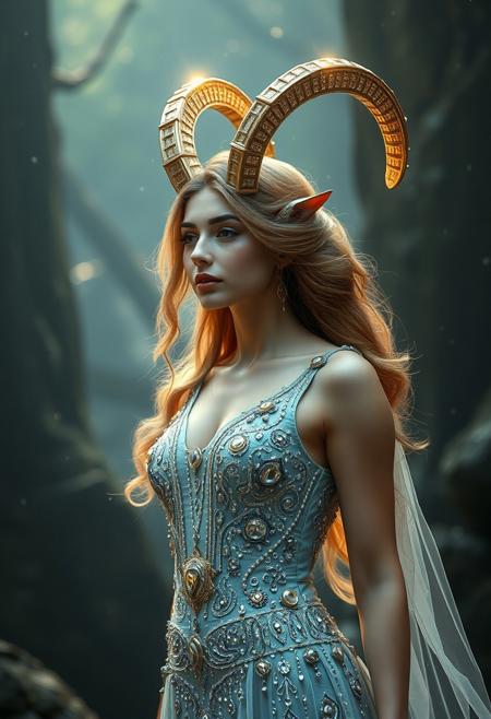 In a realm where light is a forgotten myth, where it lives a capricorn, beautiful woman in a diamond dress, very realistic, high detailed, 8k