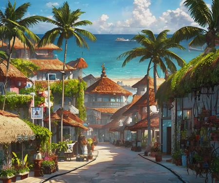 (perfect artwork, masterpiece:1.3), top quality, 8k, digital illustration, (fantasy), sharp focus, inricate, (details), perfect composition <lora:ff8bg-09:1.0>, ff8bg, no humans, outdoors, building, ocean, seaside village, tropical, architecture, sandstone, volumetric lighting, bloom, (scenery), seabreeze, palm tree, (contemporary), futuristic