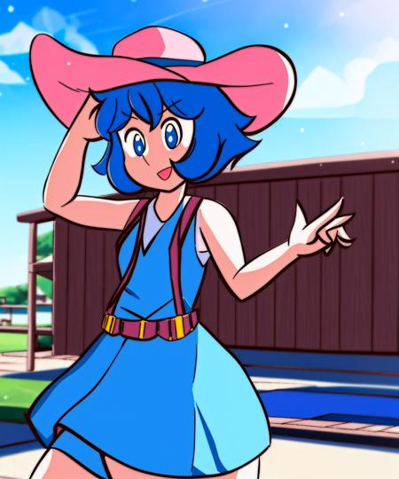 <lora:LapizLoraRMixpro-000001:.9>, 1girl, Lapiz Lazuli (character), idol pose, skindentation, beautiful woman, wearing a pink sundress,sun hat, suspenders, blue hair, pupils, modeling, outdoors,  dock, short hair, cowboy shot, blue skin