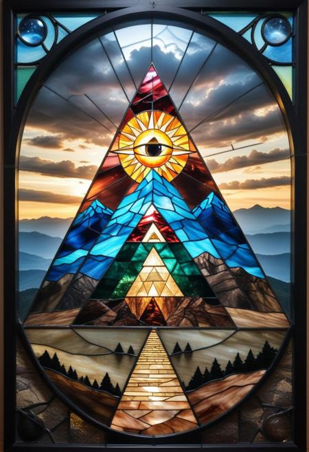 Stained Glass depicting a mountain made of shnywrld latex and steel, surreal,  double exposure, dark and moody ,colored all seeing eye pyramid mad of cs-l3ath3r, film grain, high quality, dramatic ,poster, horror story style, sun and moon behind clouds, eye and celestial bodies have the same color, celestial body face